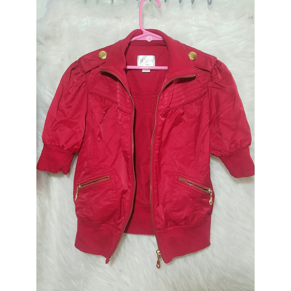 Guess Jeans Red Short Sleeve Zip Up Bomber…